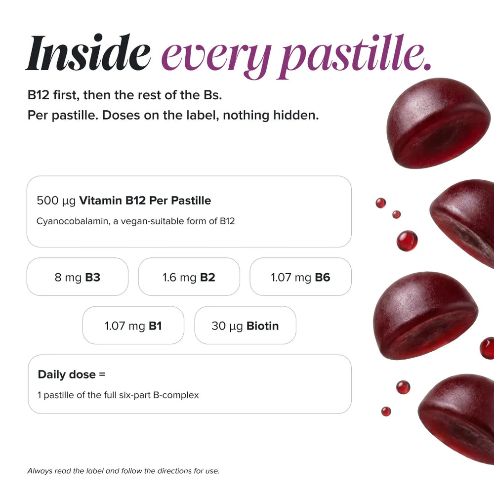 An informational graphic on a white background with text explaining B12 and B-s supplement facts inside every pastille, alongside several dark red berry slices and drops. No person, animal, or real environment is present, so this is not Lifestyle.
