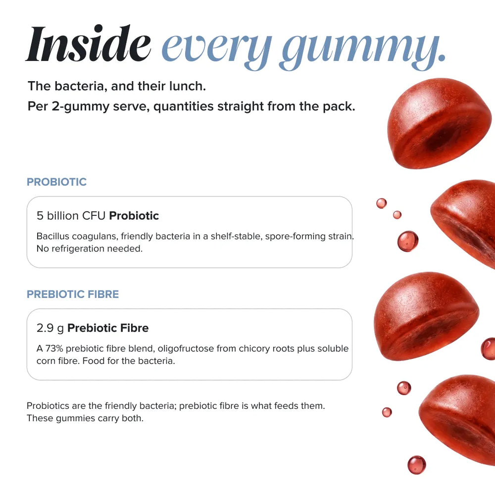 An informational product graphic for gummies with the headline 'Inside every gummy.' and text describing probiotic and prebiotic fibre content.
