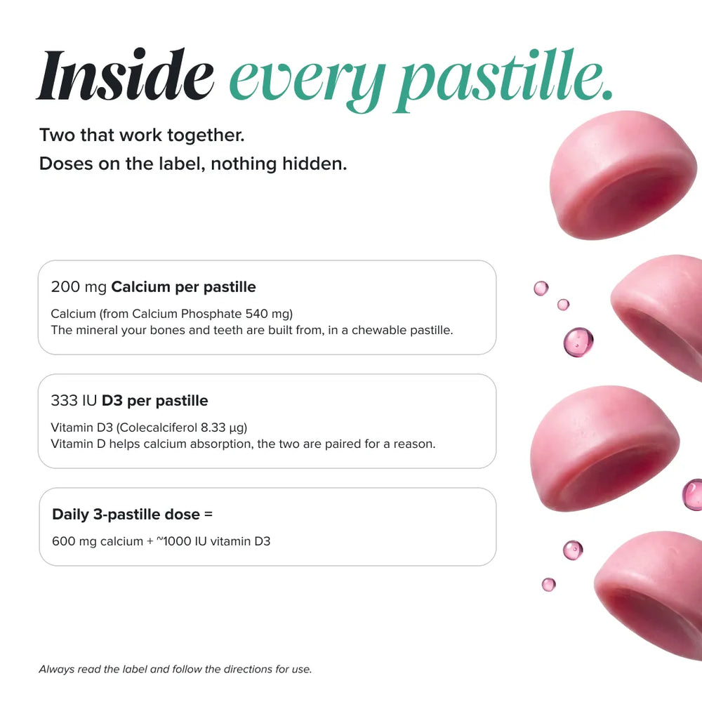 An informational graphic for a dental product, featuring pink dome-shaped pastilles on a white background with text detailing calcium and vitamin D3 content per pastille and the daily 3-pastille dose.