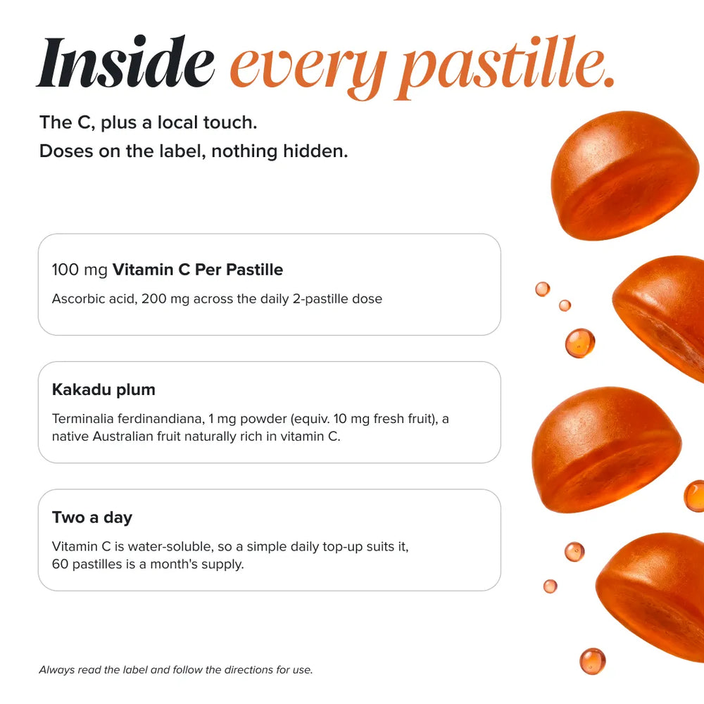 An informational graphic for Vitamin C pastilles, featuring text explaining the benefits of 'Inside every pastille' and ingredients like Kakadu plum, alongside illustrations of orange-red oval pastilles on a white background.