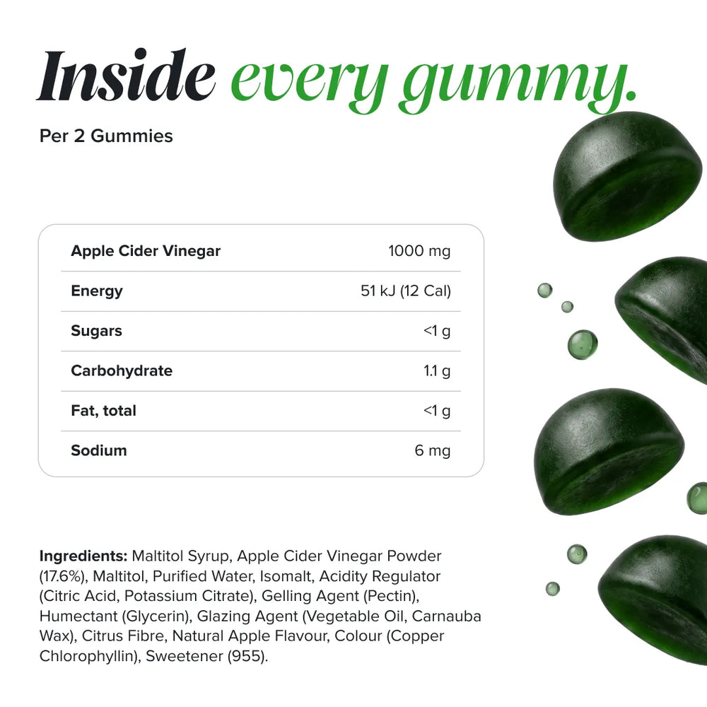 Nutrition facts and ingredients information for 'Inside every gummy' gummies, showing a list of ingredients and a table with apple cider vinegar, energy, sugars, carbohydrate, fat, and sodium amounts. The background is white with illustrations of dark green gummy capsules and text.