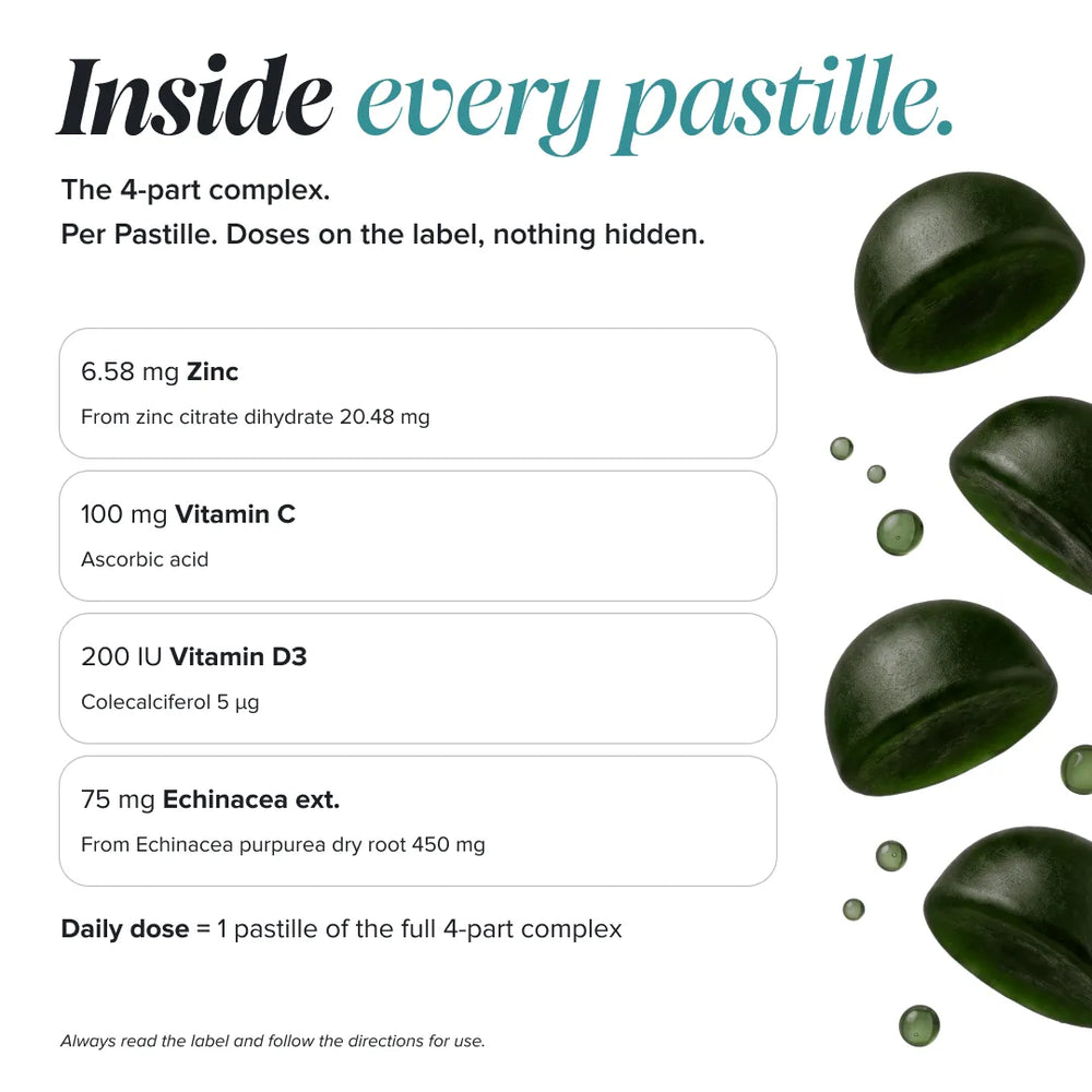 An informational graphic on a white background detailing the ingredients inside a pastille. The text lists: 6.