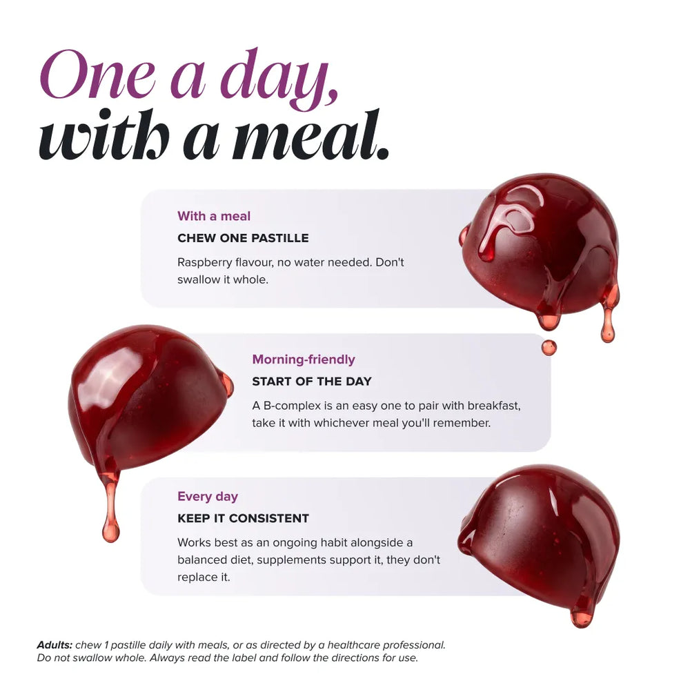 An informational graphic with the headline 'One a day, with a meal.' on a white background, showing three panels with illustrations of dark red chocolate-like pastilles and text describing how to chew one a day in different scenarios: with a meal, morning-friendly, and every day.
