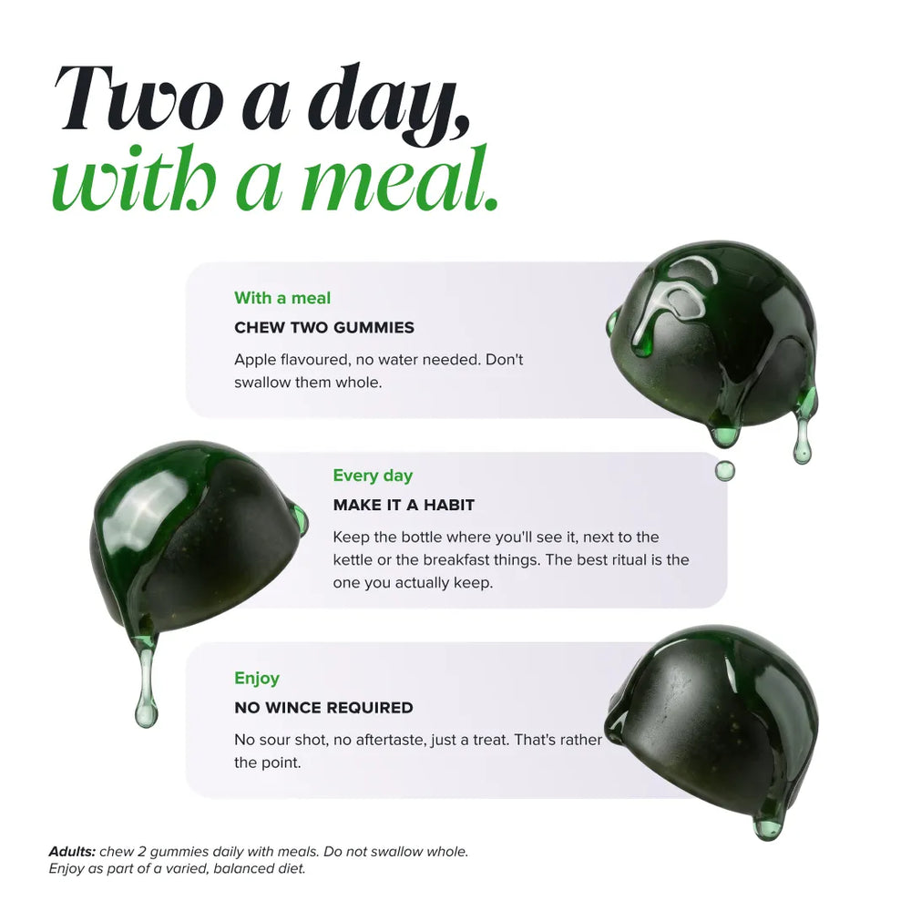 Promotional graphic for gummy candies with the headline 'Two a day, with a meal.' on a white background.