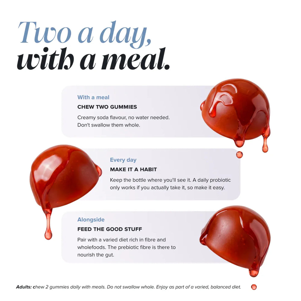 Promotional infographic for gummy probiotics with the headline 'Two a day, with a meal.' on a white background.