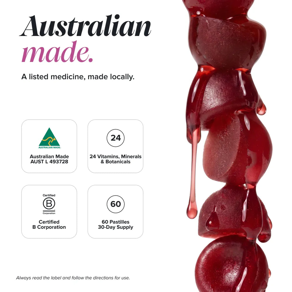 Promotional graphic for a locally made Australian medicine, featuring a glossy stack of deep red pastilles on the right and text on the left highlighting Australian Made status, 24 vitamins and botanicals, and B Corporation certification.