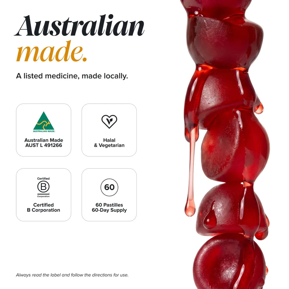 Promotional graphic for Australian made pastilles, featuring a vertical stack of glossy red translucent pastilles on the right side and four white information boxes on the left with Australian Made, Halal & Vegetarian, Certified B Corporation, and 60 pastilles 60-Day Supply badges.
