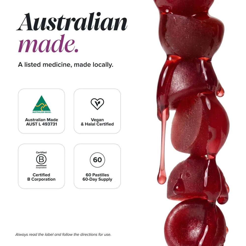 Promotional graphic for a locally made Australian medicine, featuring a glossy dark red pasteille product on the right side and certification badges on the left including Australian Made, Vegan & Halal Certified, Certified B Corporation, and 60 pastilles 60-day supply.