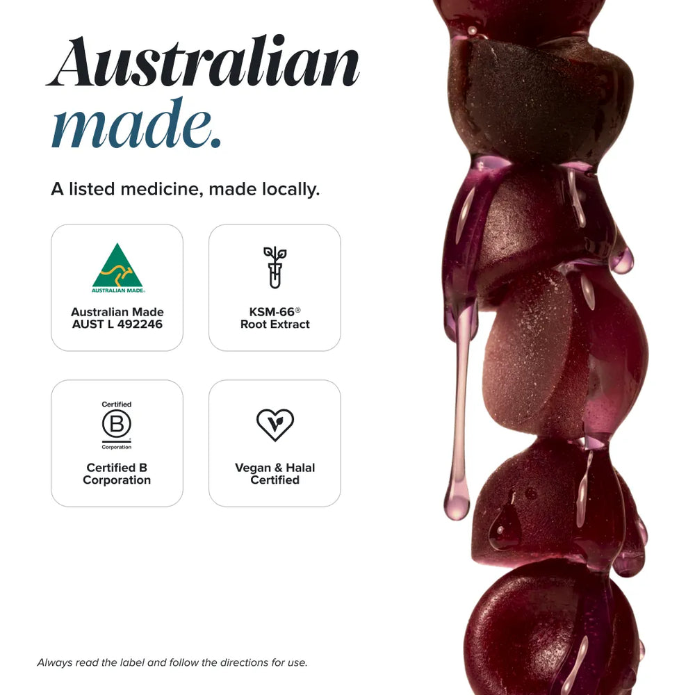 Promotional graphic for a locally made Australian medicine, featuring a vertical column of dark purple, glossy, gel-like beads or capsules on the right side. The left side has text reading 'Australian made.