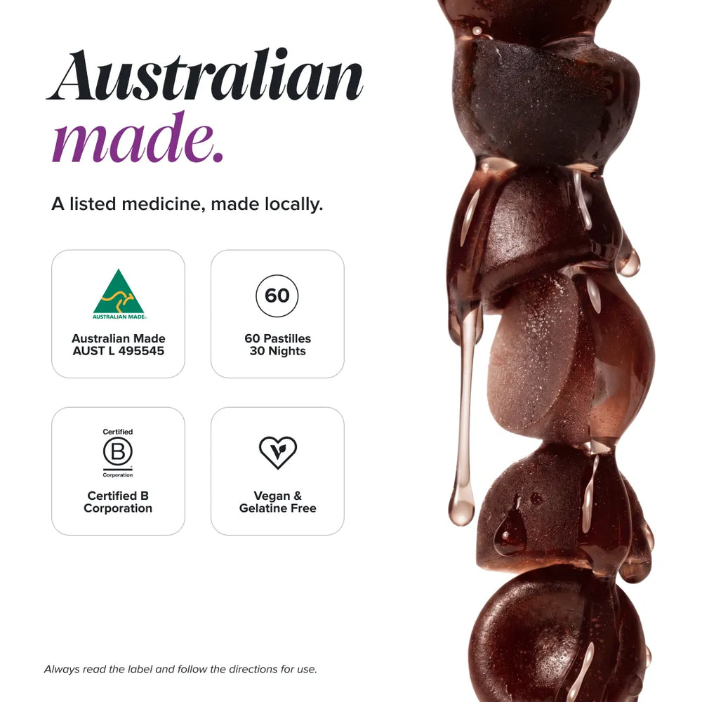 Promotional graphic for Australian made pastilles, featuring a close-up of glossy dark brown round pastilles dripping with syrup on the right, alongside text and certification badges on the left.