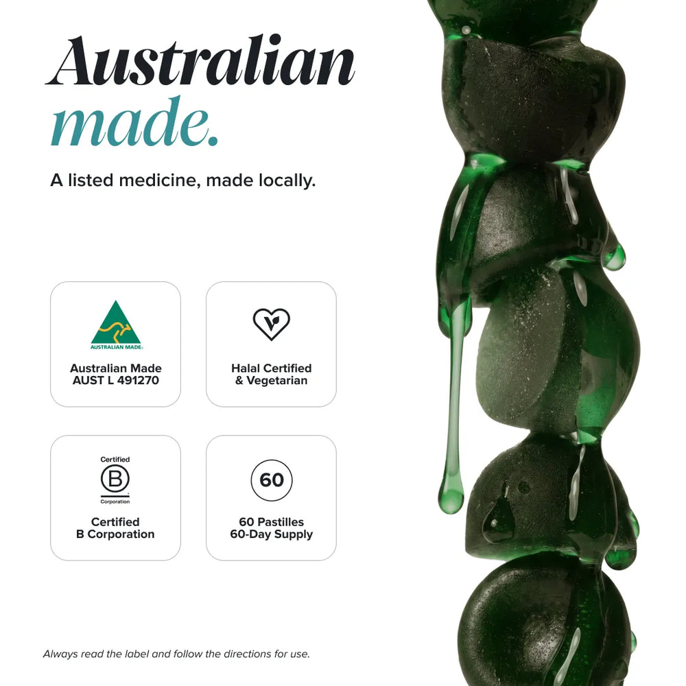 Product information graphic for a green herbal paste or ointment, featuring a vertical column of glossy dark green blobs with dripping paste on the right, alongside text reading 'Australian made' and four certification/benefit callouts on a white background.