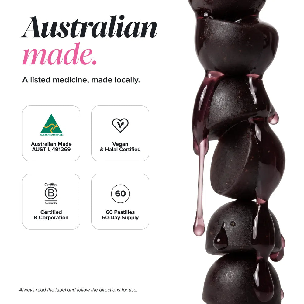 Promotional graphic for a locally made Australian medicine, featuring a vertical stack of dark purple, glossy pastilles on the right side with a glossy dark purple liquid dripping down. On the left, bold text reads 'Australian made.